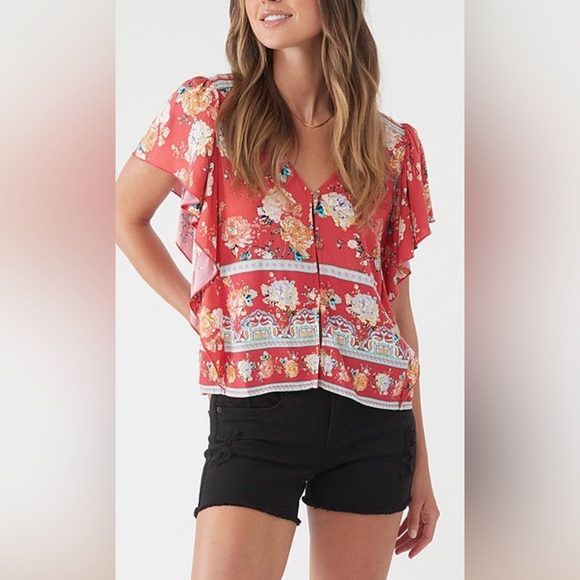 O’NEILL Red Floral Flutter-Sleeve Maggy Button-Up Top SIZE MED- NWT - Picture 9 of 10
